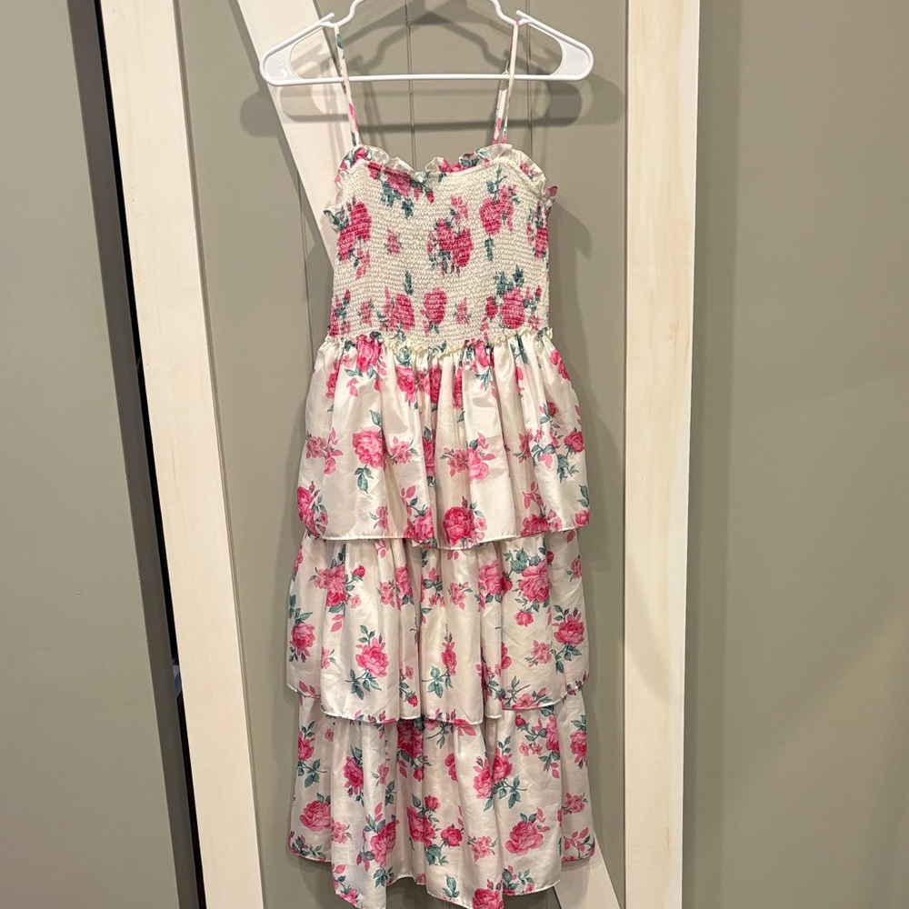 LoveShackFancy Pink Floral Tiered Dress
